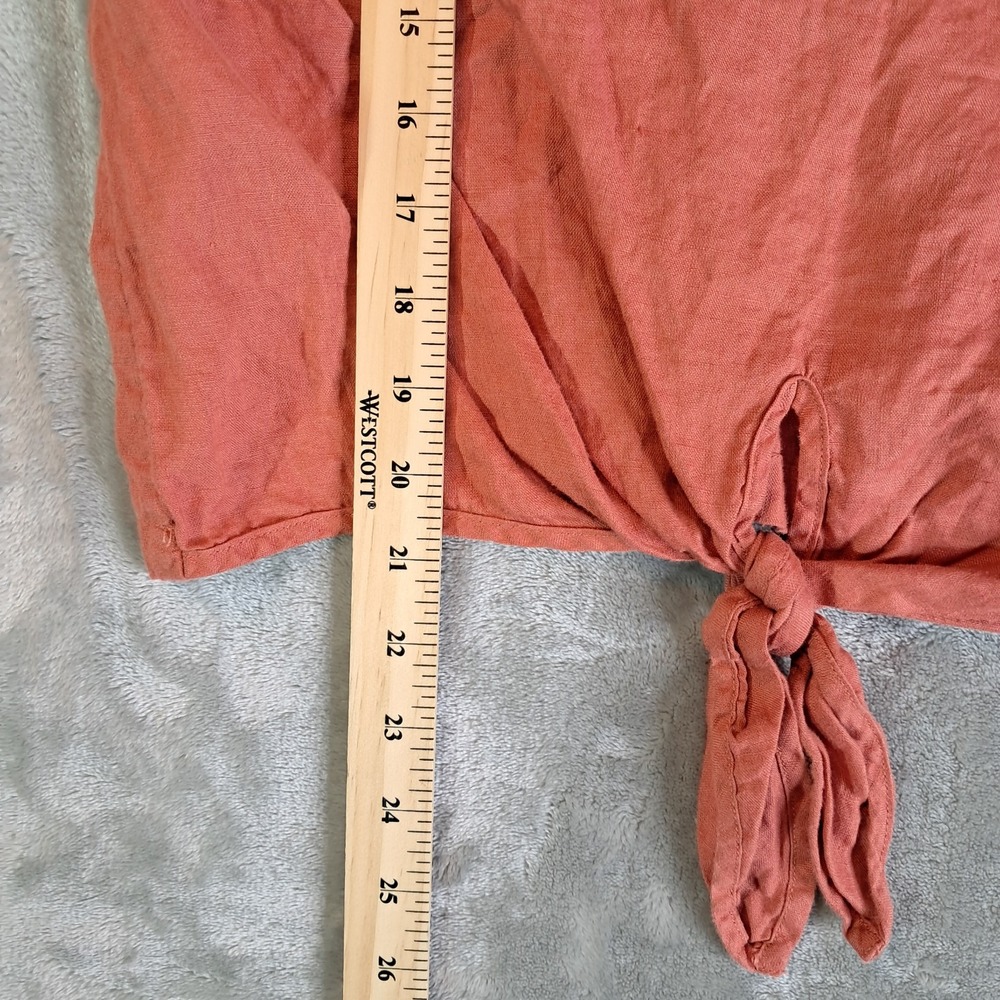 Rachel Zoe Top M Terracotta Coral Rose 100% Linen Front Tie Short Sleeve Blouse - Picture 6 of 6